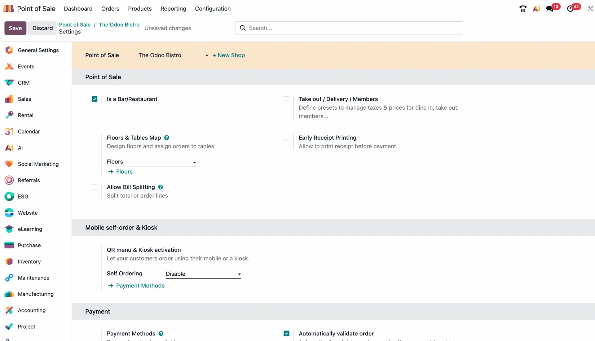 Odoo POS, Restaurantfunktionen, Tischverwaltung, Küchenbestellung, POS Einstellungen, Grundriss