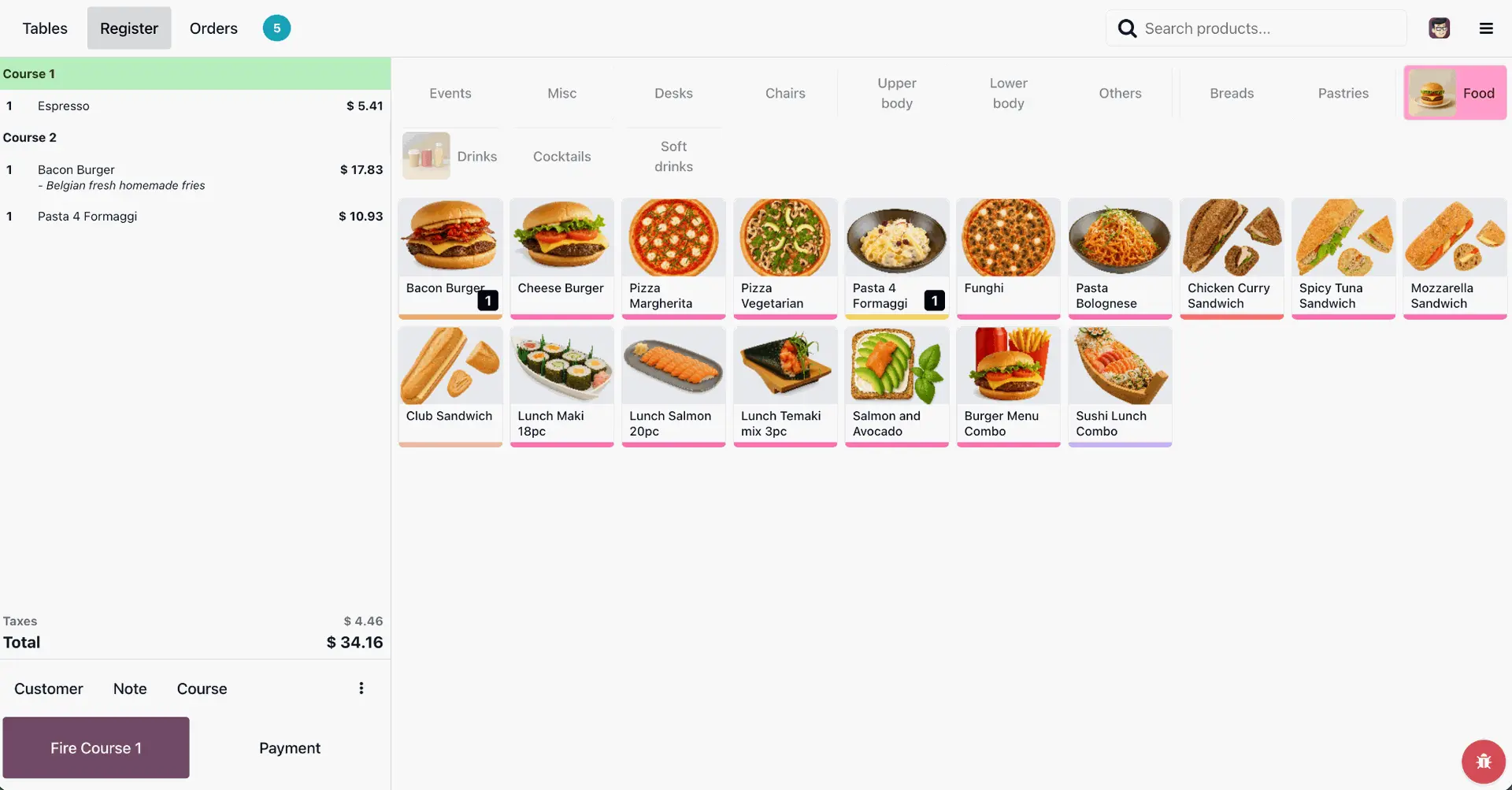 Odoo POS, Gänge zugewiesen, Vorspeise, Hauptgericht, Dessert, Bestellübersicht, Restaurant-POS