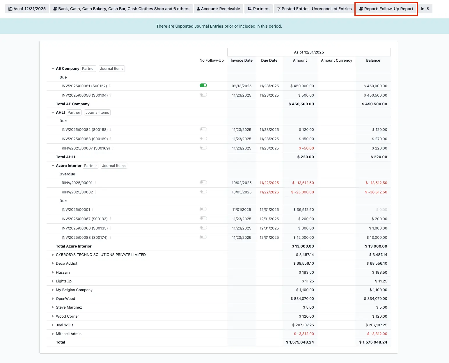 Odoo 19 Follow-up Report, Überfällige Forderungen, Kundenrechnungen, Partner Ledger