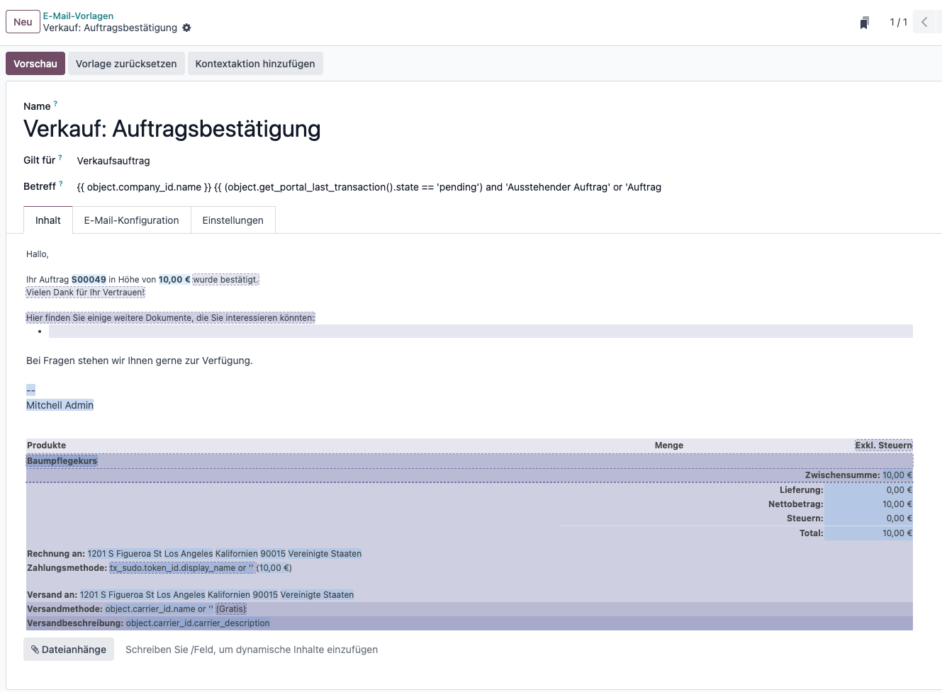 Odoo Standard E-Mail Vorlage, Vergleich, gebrandetes Template, UX Design, Bloopark