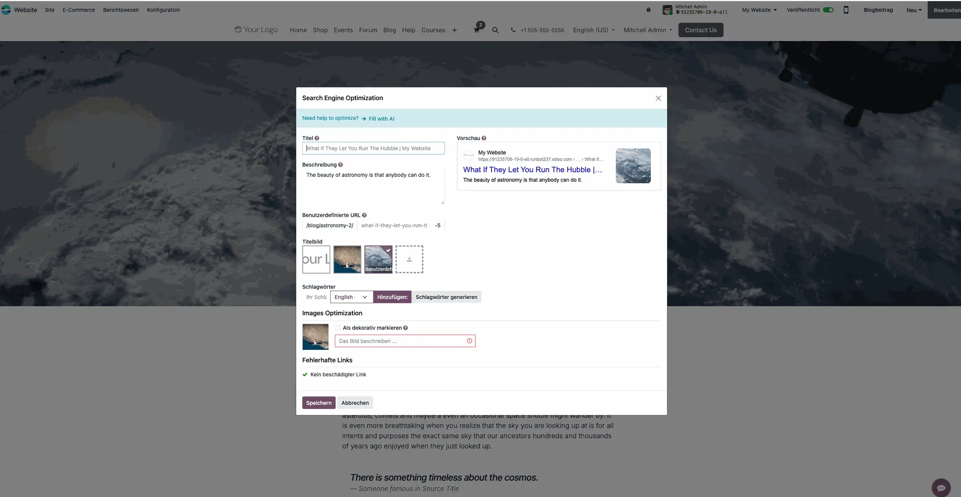 Odoo 19 SEO Analyse, Automatische SEO Prüfung, Website, E-Commerce