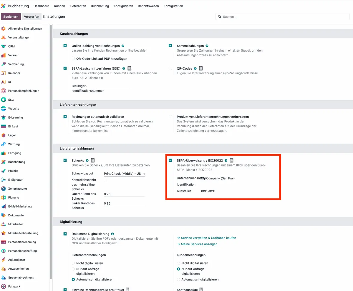 Odoo 19 ISO 20022, Zahlungsstandard, Buchhaltung, Bankintegration