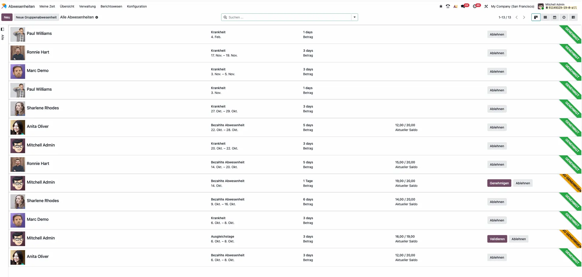 Odoo 19 Urlaubsverwaltung, Abwesenheitsmanagement, HR, Personalwesen