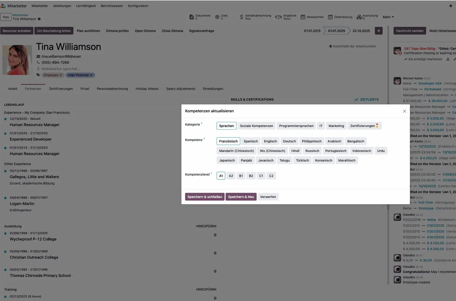 Odoo 19 Kompetenzverwaltung, Zertifikatsmanagement, HR, Personalentwicklung