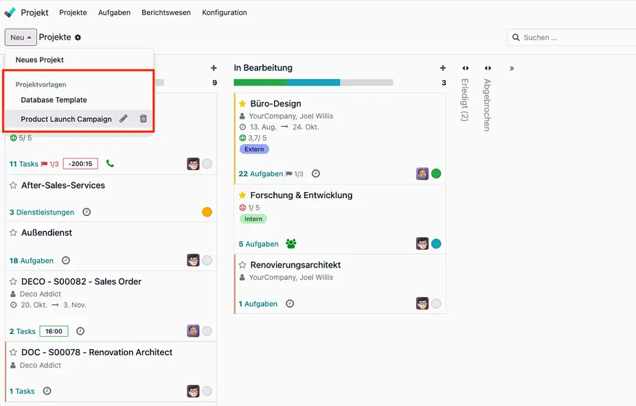 Odoo 19 Projektvorlagen, Schnellere Einrichtung, Projekte, Dienstleistungen