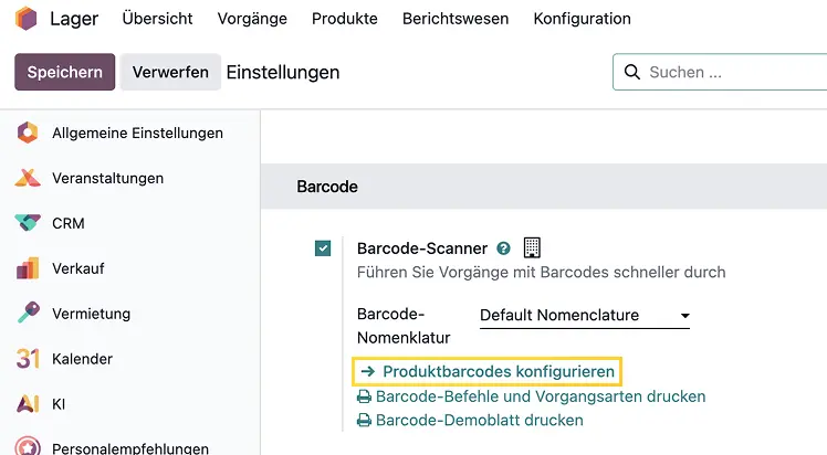 Barcodes, Produkte, Lagerorte, Pakete, Operationstypen, Zuordnung