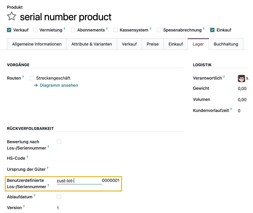 Odoo Seriennummer, Sequenzpräfix, Anpassungsoptionen