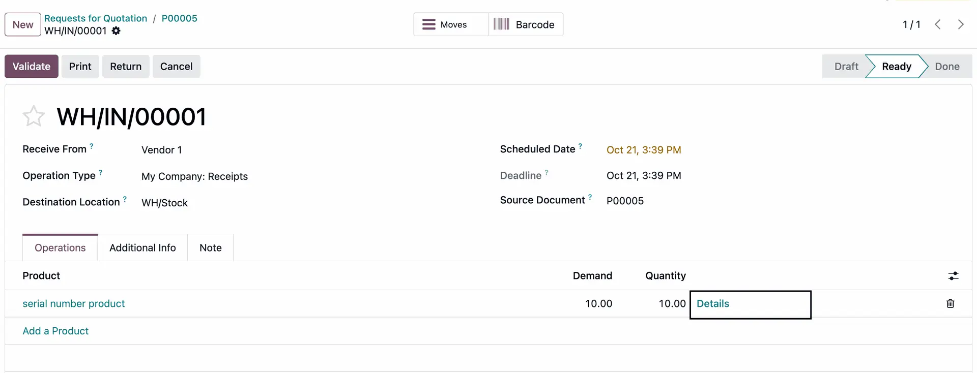 Odoo Wareneingang, Seriennummernerfassung, Incoming Shipment