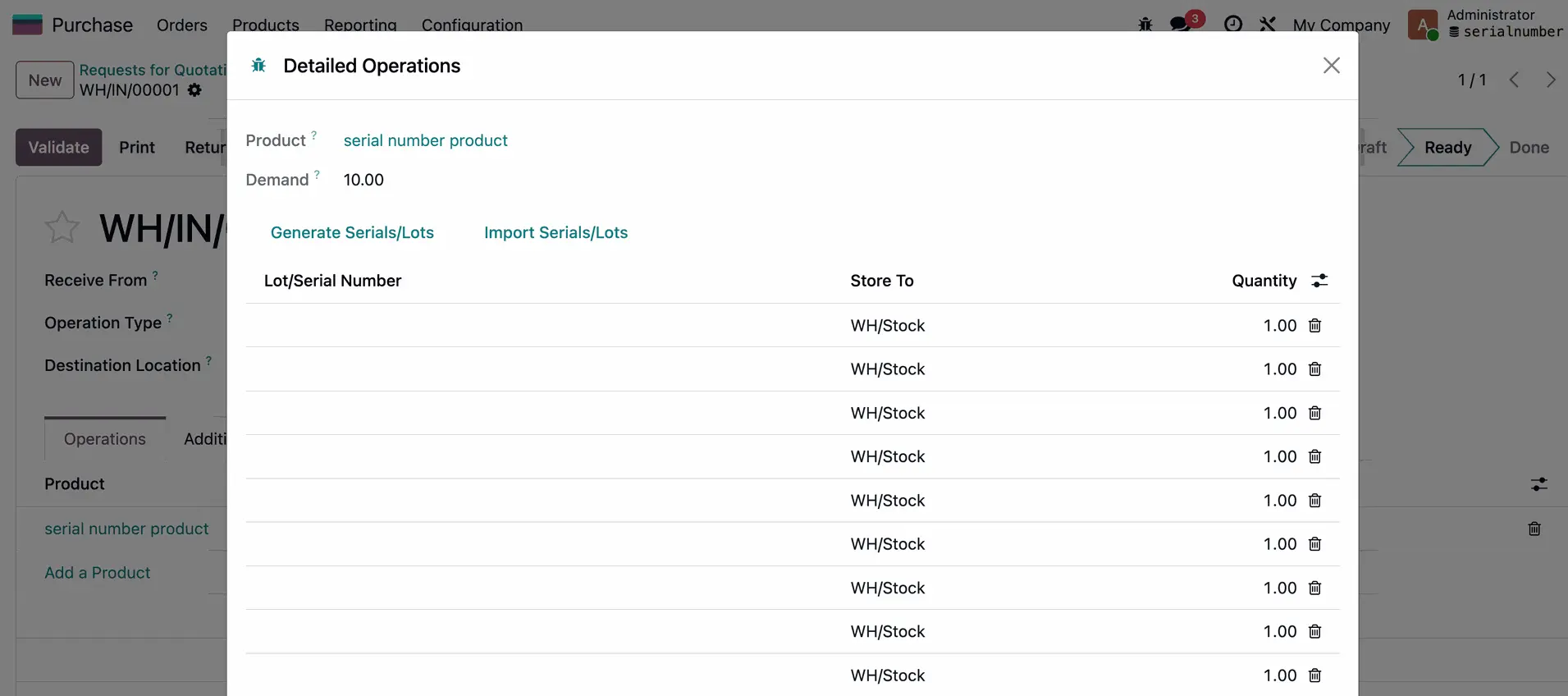Odoo Seriennummern, Generieren, Importieren, Pop-up