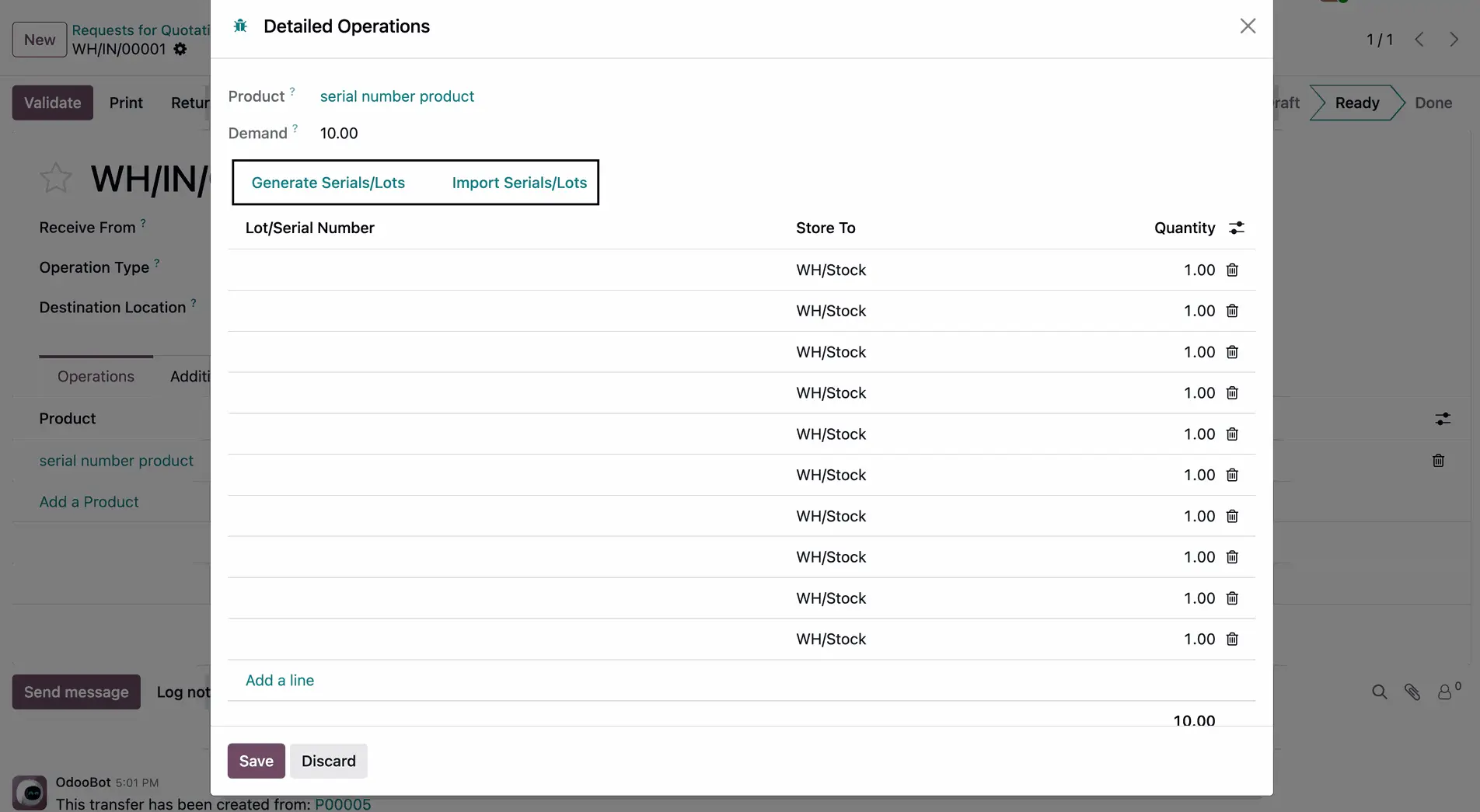 Odoo Seriennummern, Serials Lots, Generieren, Importieren