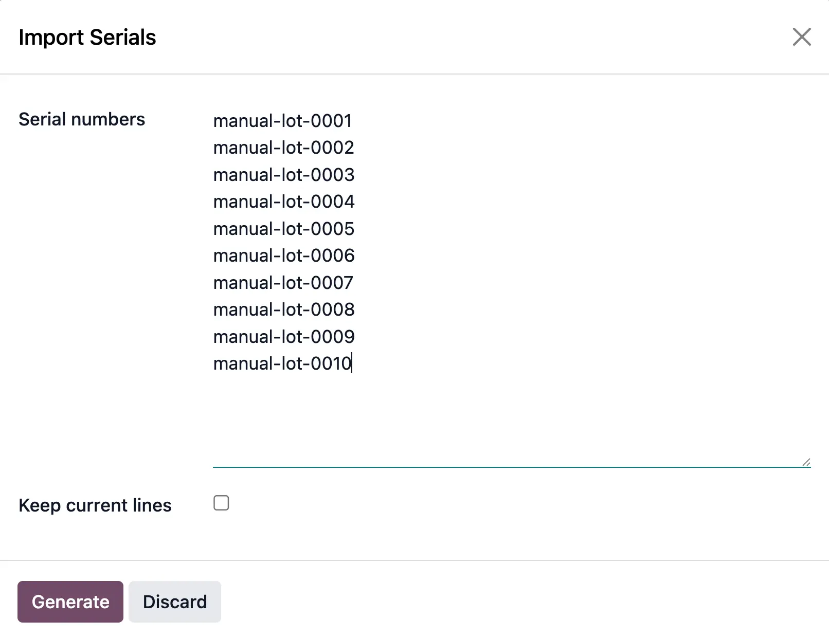 Odoo Seriennummern, Import, Manuelle Eingabe, Serials Zuordnung