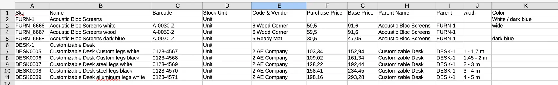 Odoo Datenimport, Produktdaten, Barcodes, Varianten, Lieferanten, UoM