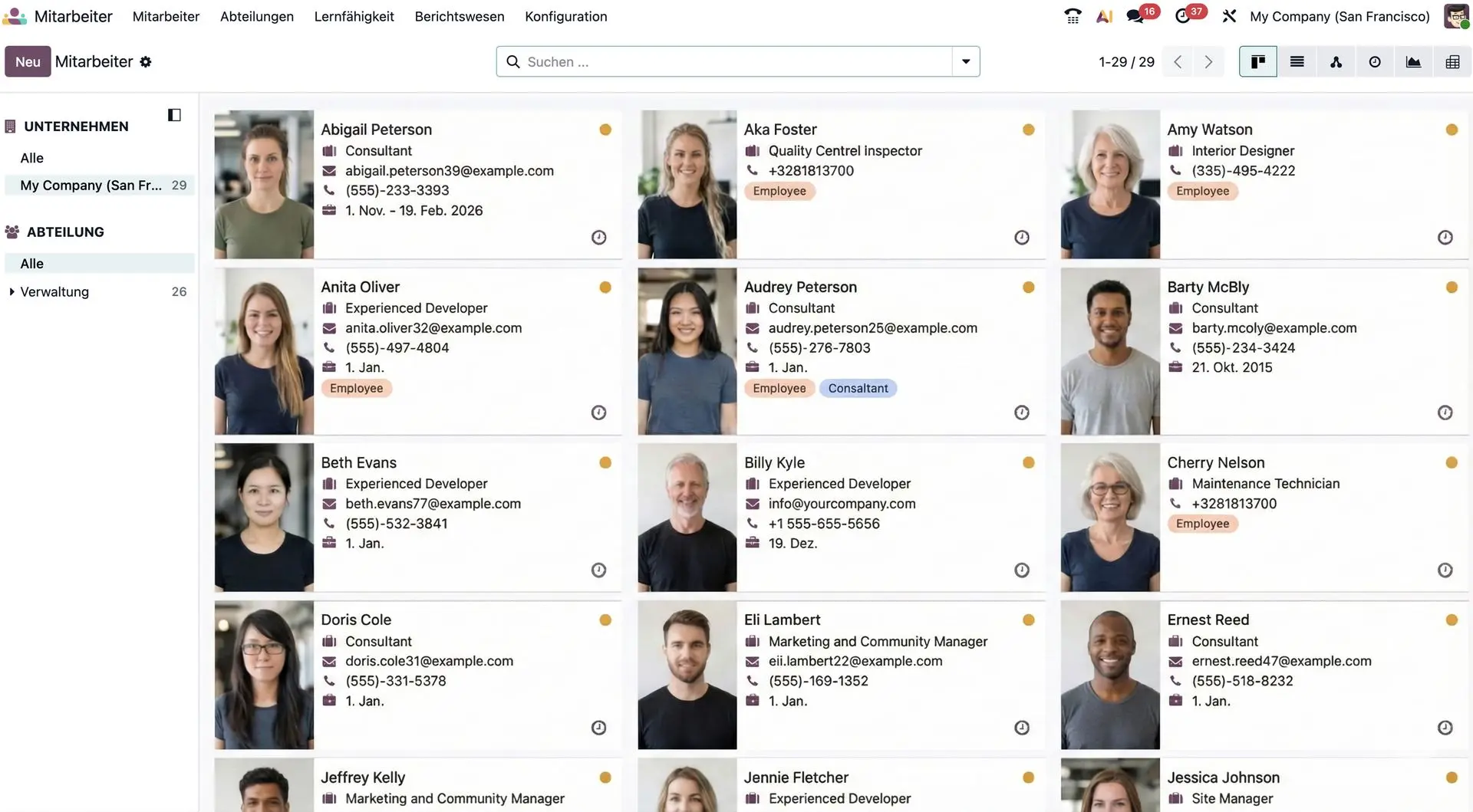 Zentrale und sichere Verwaltung aller Mitarbeiterdaten, Verträge und Dokumente in Odoo. Odoo Mitarbeiterverwaltung, Personalakten, Verträge, Abteilungen, Mitarbeiterdaten