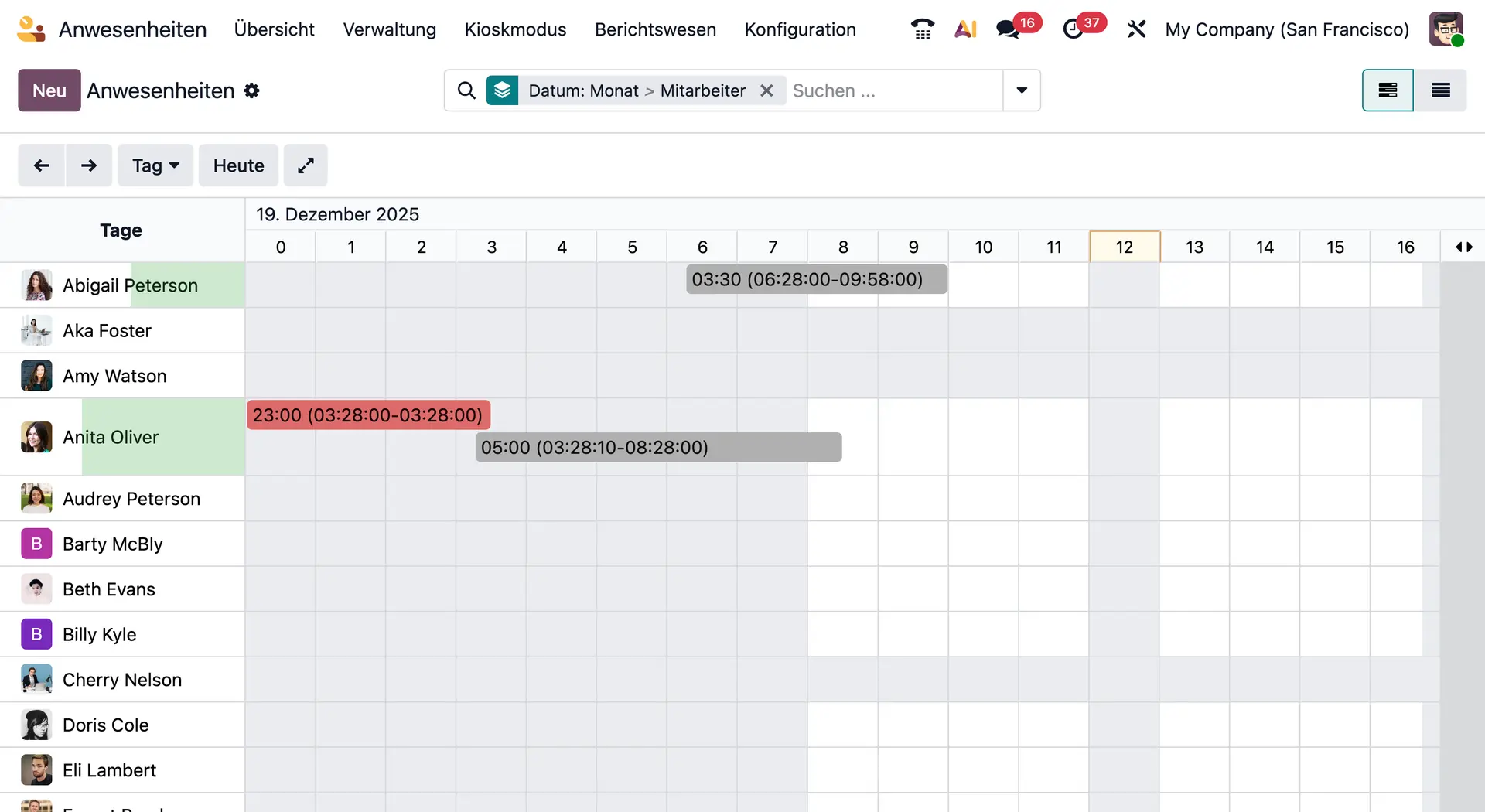 Erfassen Sie Arbeitszeiten und Überstunden in Echtzeit per Web, Mobile oder Terminal. Odoo Anwesenheitskontrolle, Zeiterfassung, Check-in Check-out, Überstundenverwaltung, Echtzeitdaten
