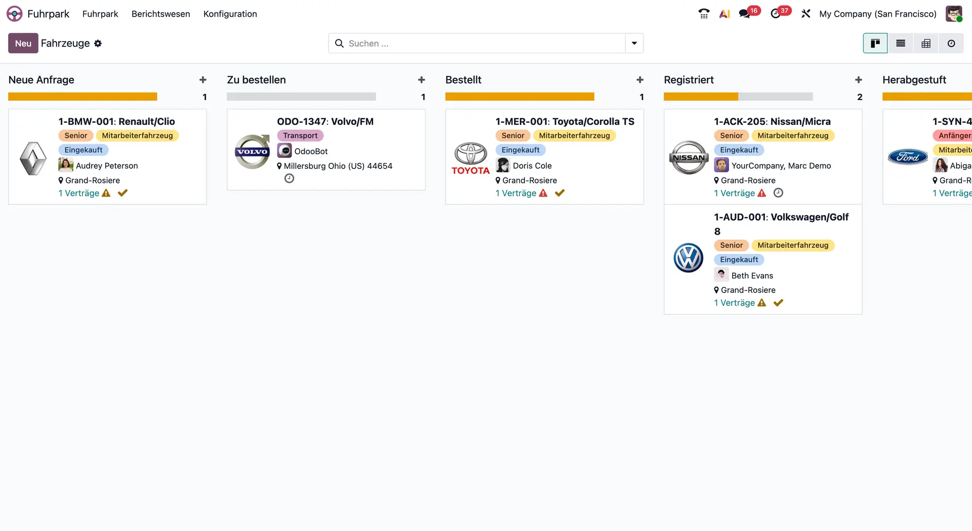 Verwalten Sie Firmenfahrzeuge, Wartungen und Kosten transparent und effizient mit Odoo. Odoo Fuhrparkmanagement, Firmenfahrzeuge, Wartungspläne, Kilometerstände, Kostenkontrolle