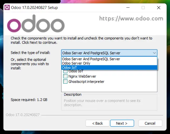 Wählen Sie während der Installation den passenden Installationstyp für Odoo IoT Odoo IoT Installation, Installationstyp Auswahl, IoT Driver Setup