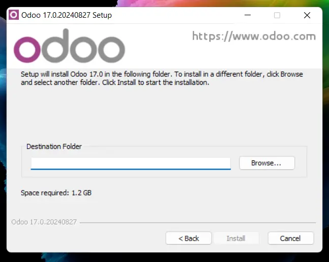 Legen Sie den Zielordner fest und starten Sie anschließend die Odoo IoT Installation Odoo IoT Installation, Zielordner Auswahl, Installationsstart