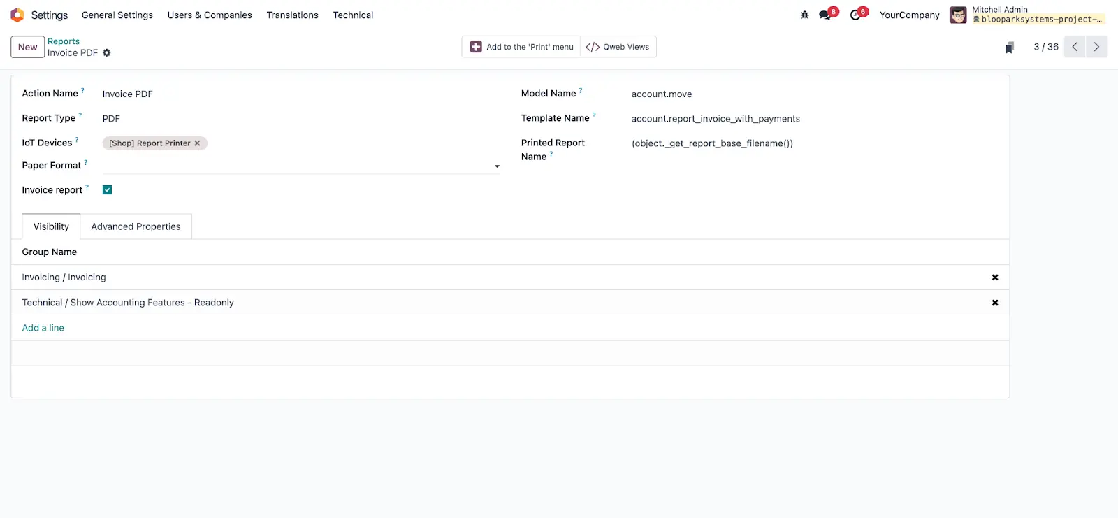Weisen Sie Berichte direkt in den technischen Einstellungen einem oder mehreren Druckern zu Odoo Bericht Druckerzuweisung, Technische Einstellungen, IoT Devices, Berichtskonfiguration