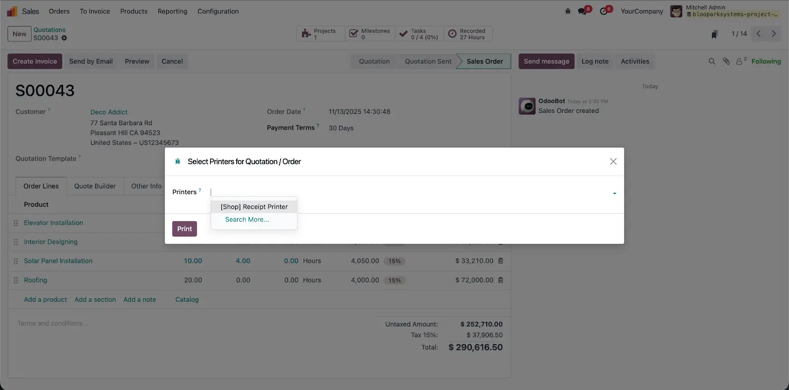 Testen Sie den Druckprozess über Angebote in der Odoo Sales App Odoo Drucktest, Angebotsdruck, Sales App, Druckprozess Validierung