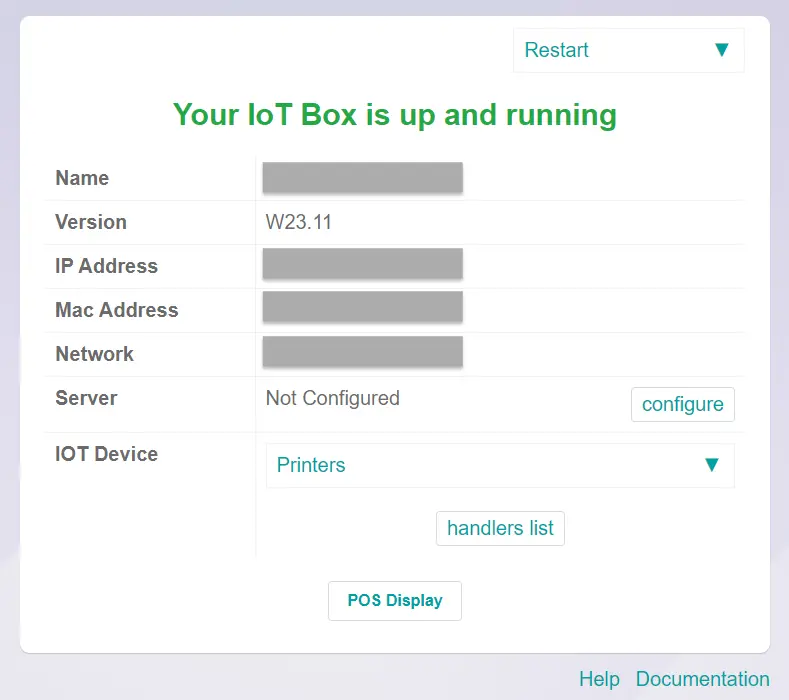 Prüfen Sie den gestarteten Odoo IoT Dienst über den lokalen Zugriff im Browser Odoo IoT Dienst, Installation abgeschlossen, Lokaler Zugriff, IoT Statusprüfung