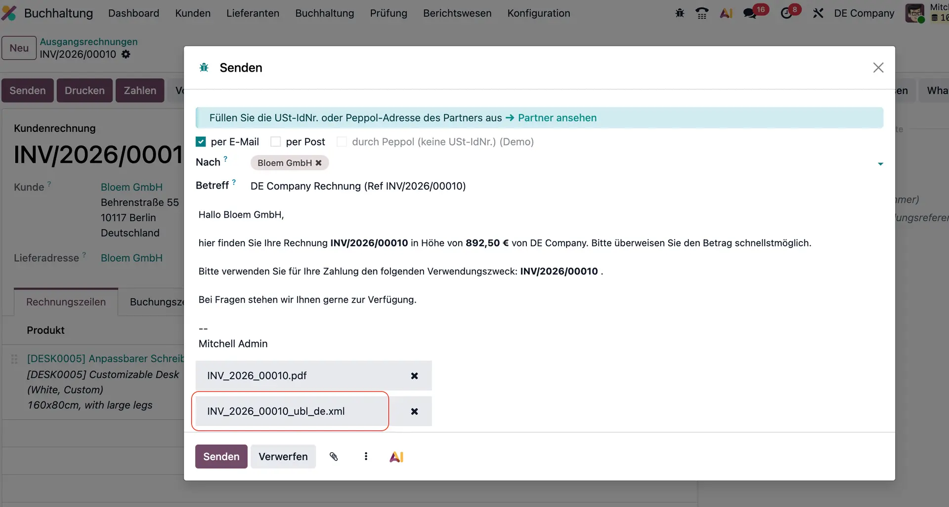Odoo PEPPOL Integration, E-Rechnung Versand, Eingangsrechnungen Empfang, Übertragungsstatus Tracking, Rechnungsworkflow