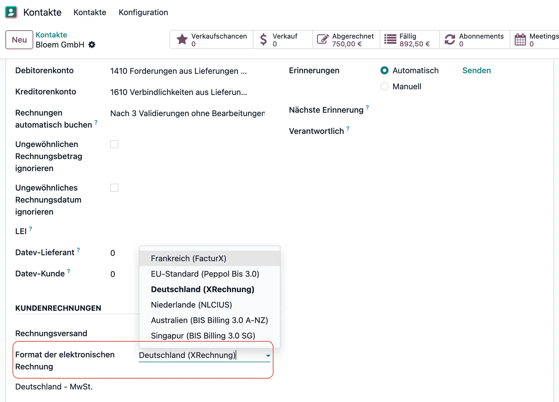 Odoo E-Rechnung, XRechnung XML, ZUGFeRD Hybrid-PDF, ERP Datenübernahme, Leitweg-ID, USt-ID