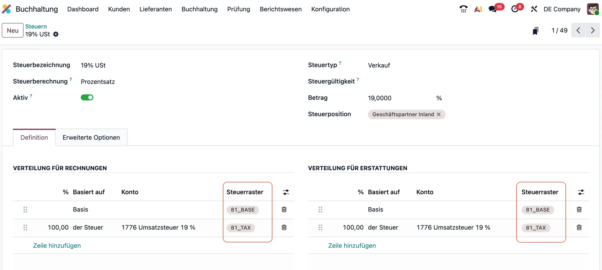 Steuerschuldumkehr, innergemeinschaftliche Transaktionen, Steuerkonfiguration, Odoo Implementierung, deutsche Lokalisierung