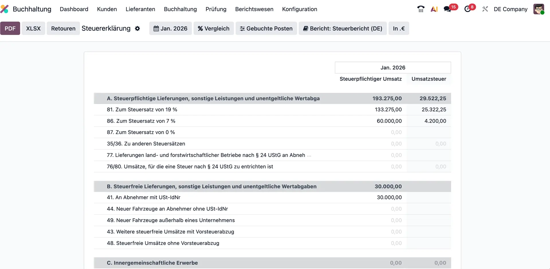 USt Berichte, Odoo ERP, Steuerbericht, Ausgangssteuer, Vorsteuer, Zahllast