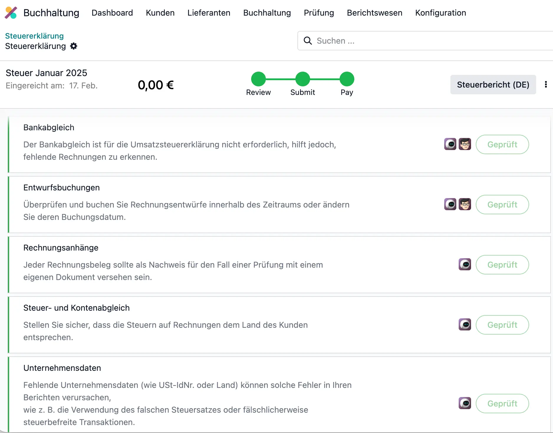 Umsatzsteuer Voranmeldung, Odoo Umgebung, steuerbarer Prozess, prüfungssicher, vorhersagbar