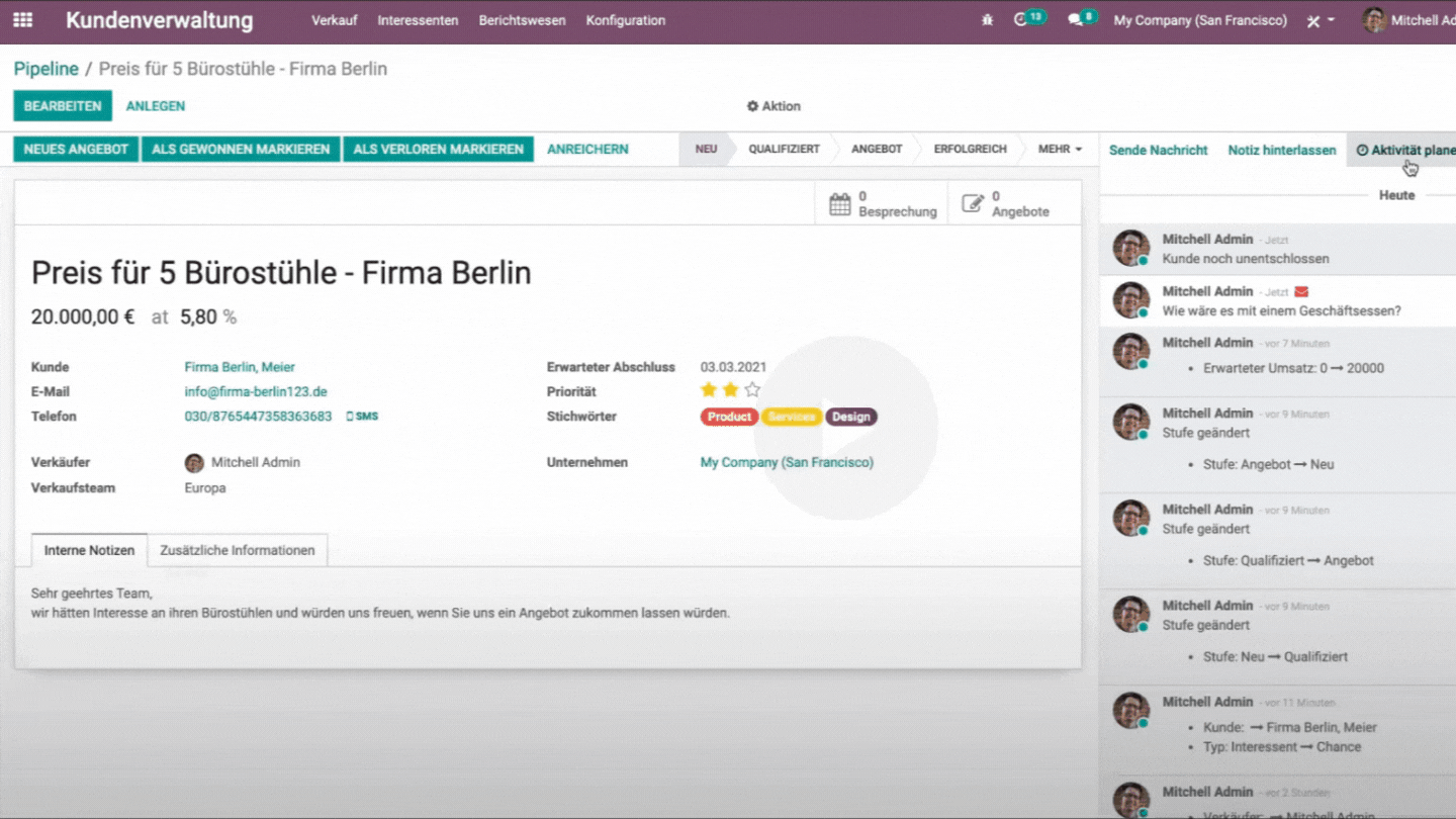 Odoo Planung von Aktivitäten im CRM Odoo Planung von Aktivitäten im CRM