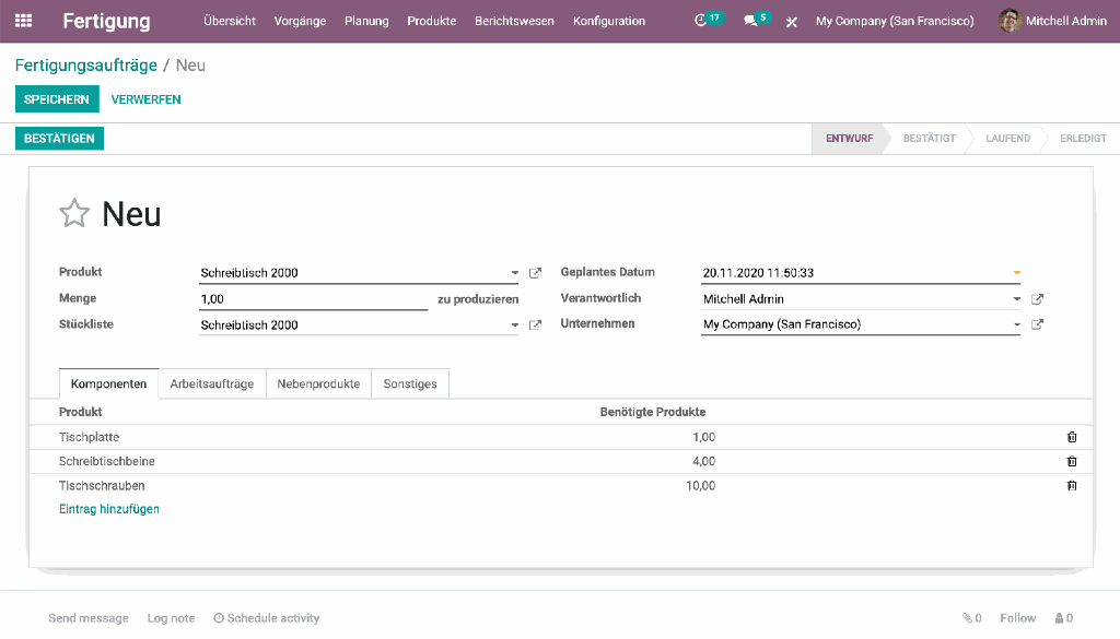 Erstellung Fertigungsauftrag in Odoo Erstellung Fertigungsauftrag in Odoo
