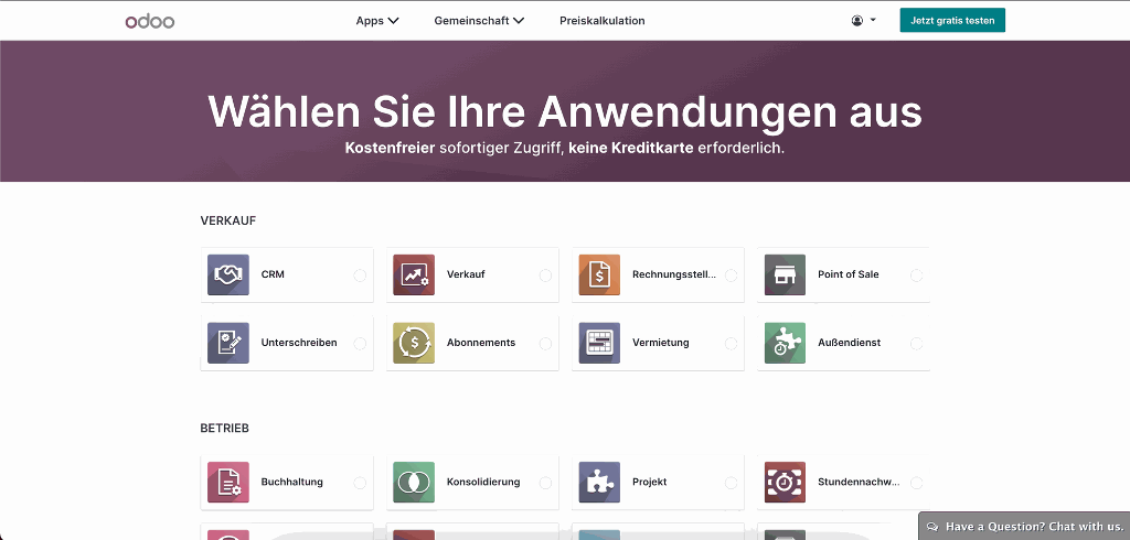 Odoo Anwendungen auswählen Odoo Anwendungen auswählen